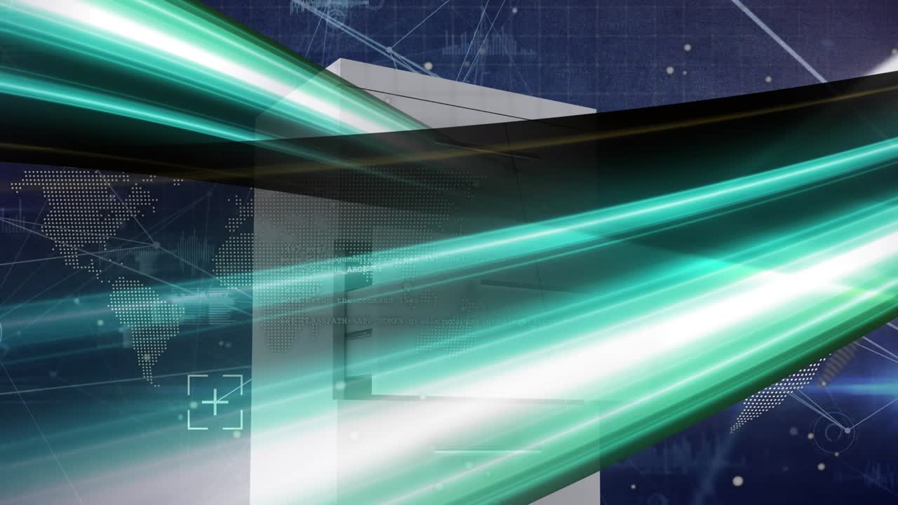 Animation of light trails over network of connections and data processing on blue background