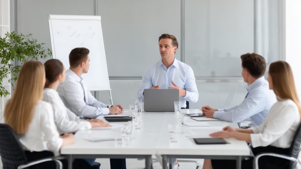 Engaging Corporate Meeting: A Dynamic Presentation with Focused Participants Collaborating in a Professional Conference Room Setting