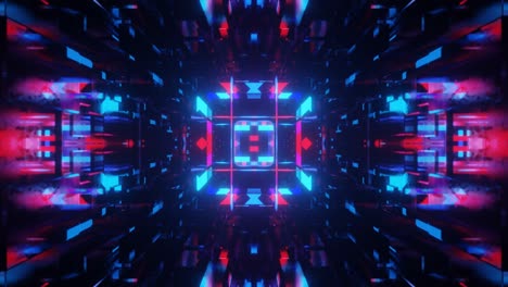 objeto o estructura simétrica en 3d gira y se mueve dentro de un túnel de espejo de vidrio con luz de neón, reflejos brillantes. fantástico fondo abstracto en bucle en 4k. bucle vj para espectáculo. club nocturno bucle vj