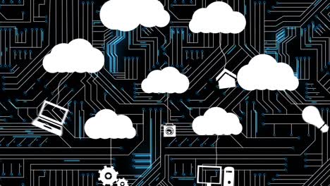 animazione di icone multimediali e rete di connessioni su sfondo nero