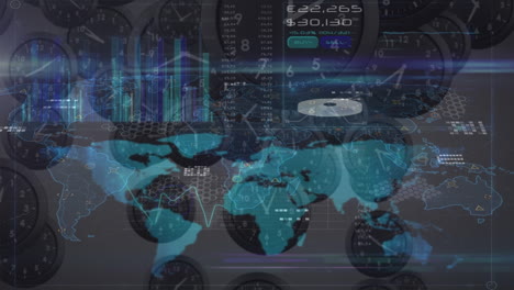 Animación-Del-Mapa-Mundial-Y-Procesamiento-De-Datos-Sobre-Relojes-En-Movimiento