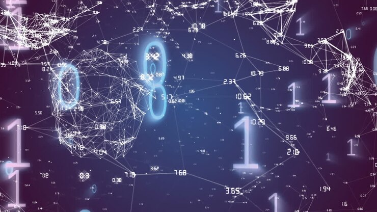 Animazione di una rete di connessioni e elaborazione dati con codice binario.