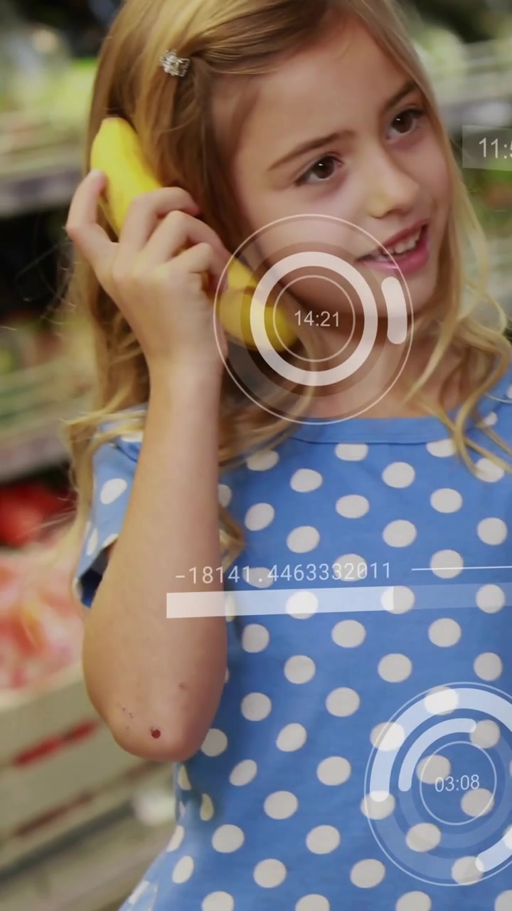 Vertical video: Girl taking banana from adult at grocery, pretending to call while HUD animating