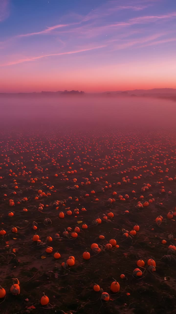 Vertical video: Shifting fog and glowing sky unveiling pumpkin patch at dawn with orange pumpkins