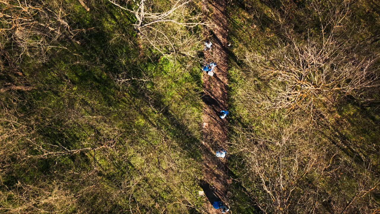 Drone shot of environmental activists cleaning the forest from rubbish