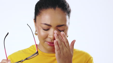 Stress,-crying-and-woman-with-glasses-in-a-studio