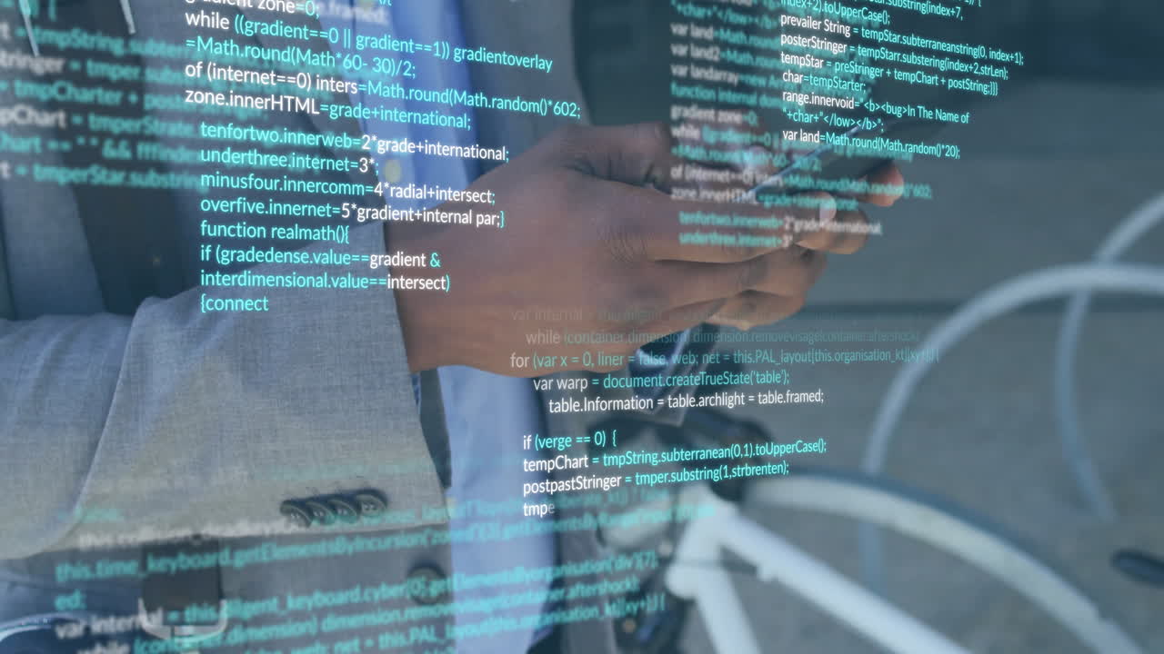 Animation of data processing over african american businessman using smartphone in street