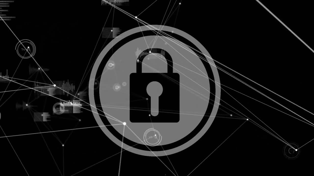 animación digital de la red de conexiones a través del icono de candado de seguridad sobre fondo negro