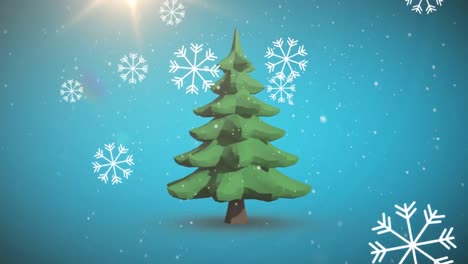 Animation-of-snow-falling-over-chritmas-tree-on-blue-background