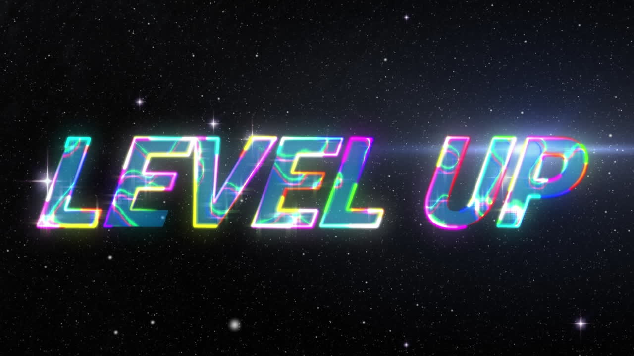 animación de texto de nivel multicolor en patrón abstracto sobre nieve, estrellas en fondo negro