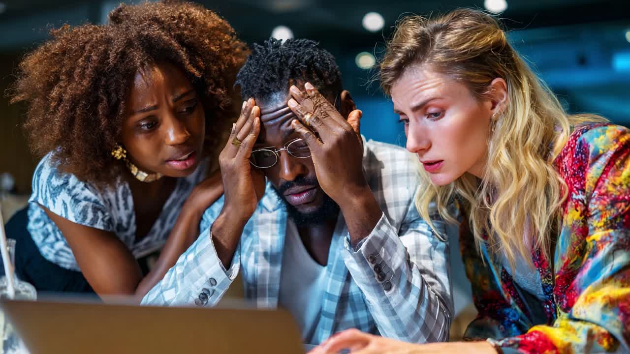 Three individuals intensely focused on a laptop, expressing feelings of concern and stress as they examine crucial information or solve a problem related to their work or personal lives