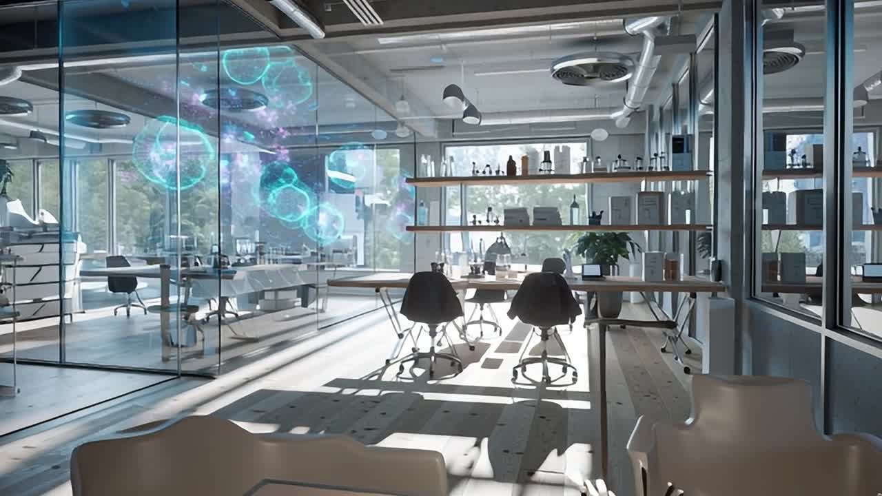 Moderne laboratorieinteriør med digitale projektioner af molekyler