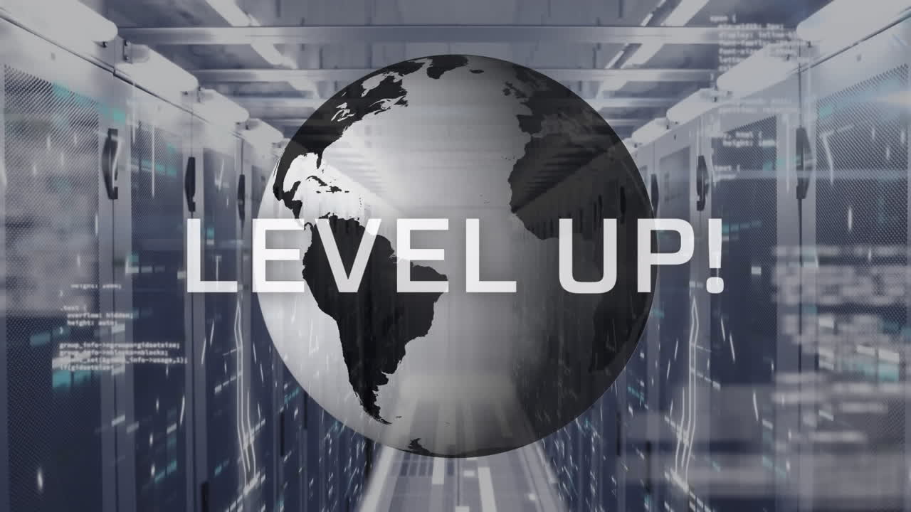 animación del texto de nivel superior sobre el globo giratorio y procesamiento de datos contra la sala de servidores de computadora