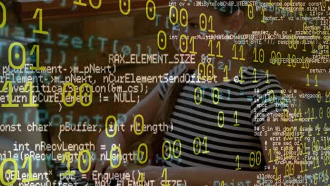 animation of binary coding and data processing against caucasian girl using computer at school