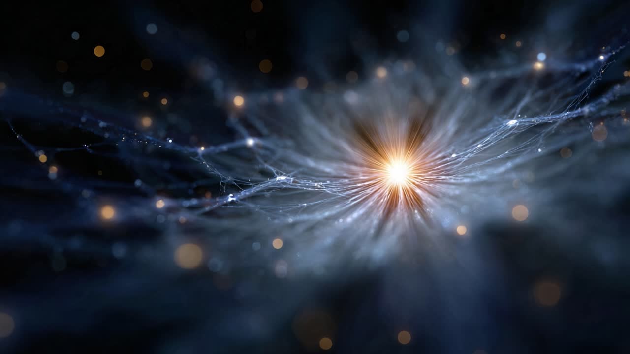 Un fenomeno cosmico ipnotizzante, che mostra un nucleo di luce radiante circondato da intricati filamenti vorticosi di energia e particelle luminose in un universo oscuro.