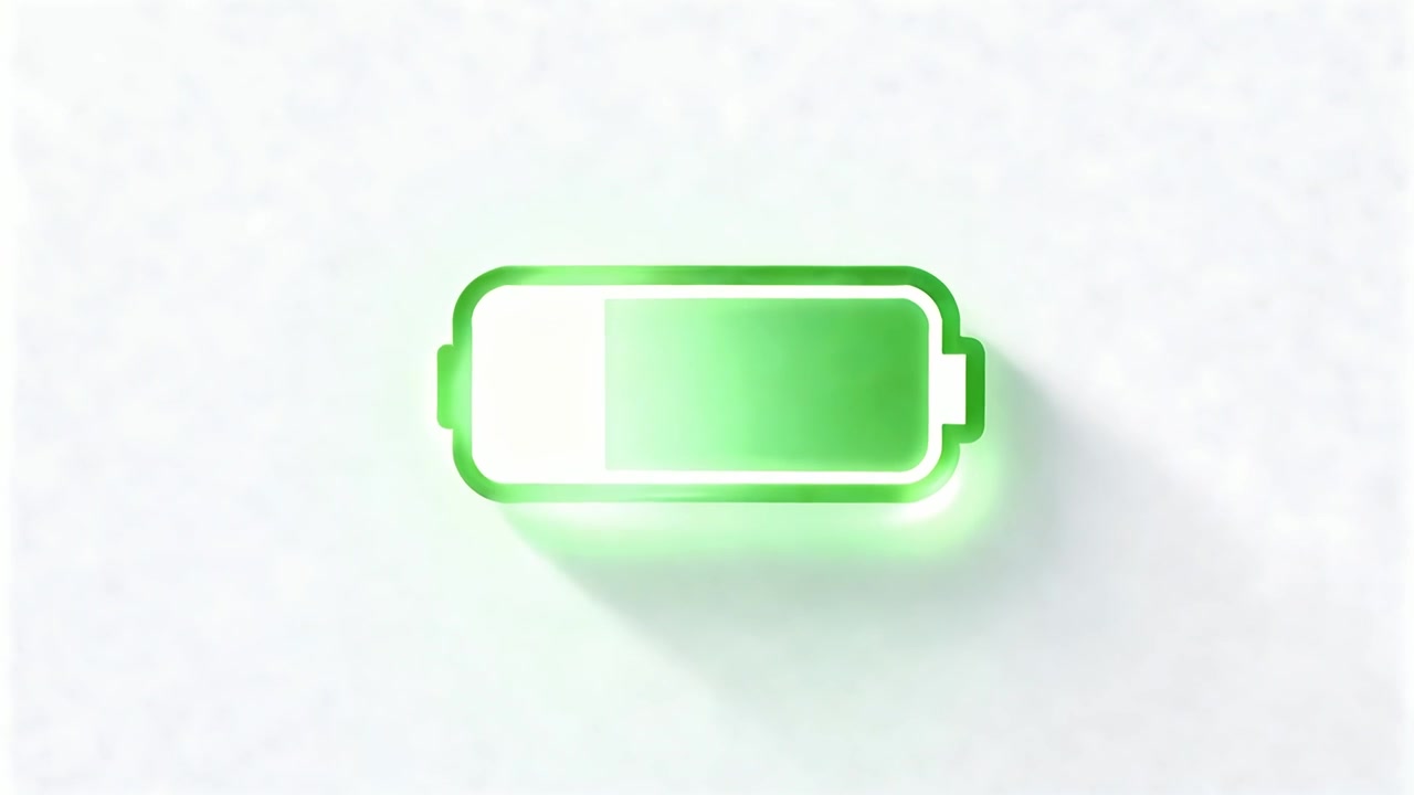 紙の左側で拡大し、ネオングローと共に充電が始まる緑色のバッテリーアイコンと影