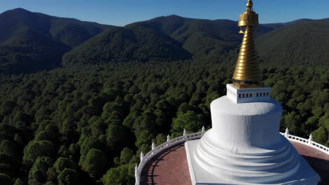aerial view of a stupa in a forest