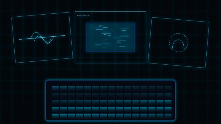 Futuristic Digital Interface with Keyboard and Data Displays