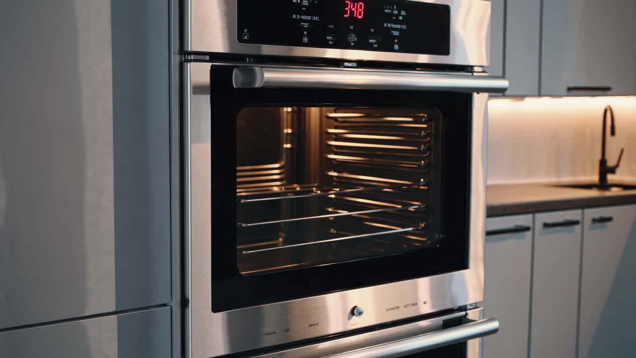 Elegante forno da cucina moderno, ripreso da un angolo laterale, che ne mette in risalto la finitura in acciaio inossidabile.