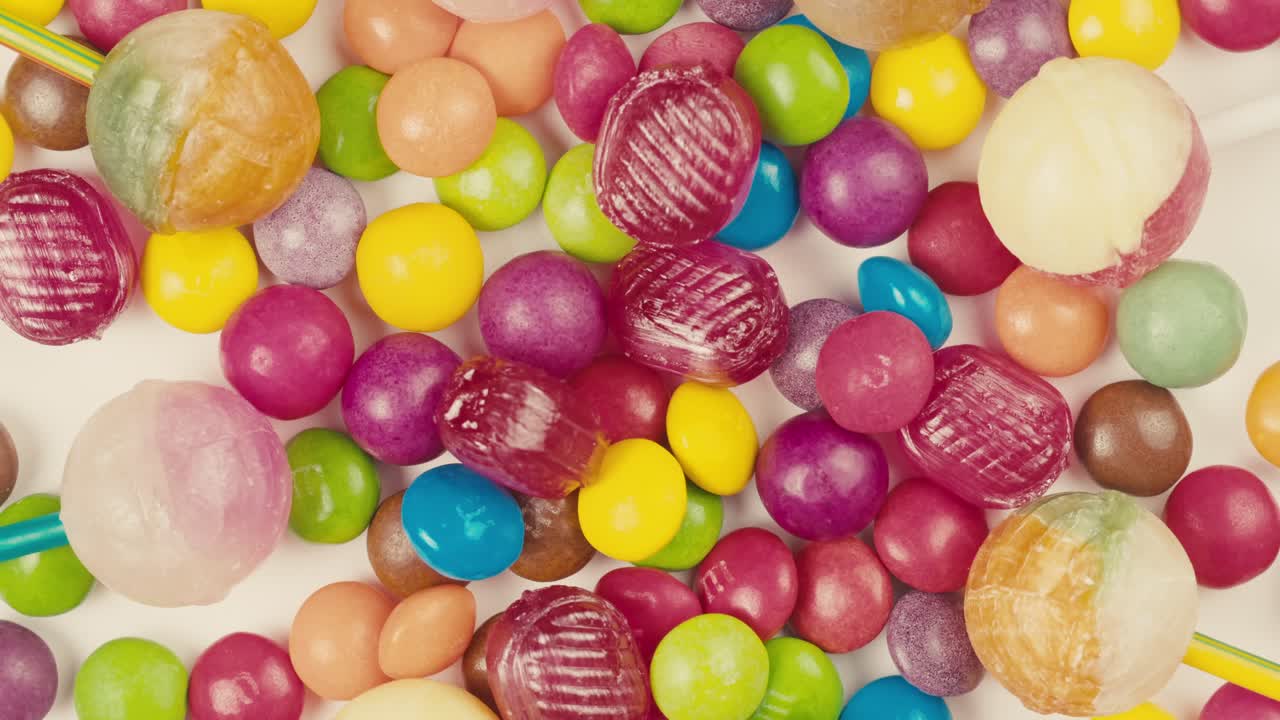 Colorful dragee candies, lollipops, bonbons on white background, move in circle, top view close-up. Summer bright texture studio shot for store, supermarket. Mix of children's sweets made of sugar.