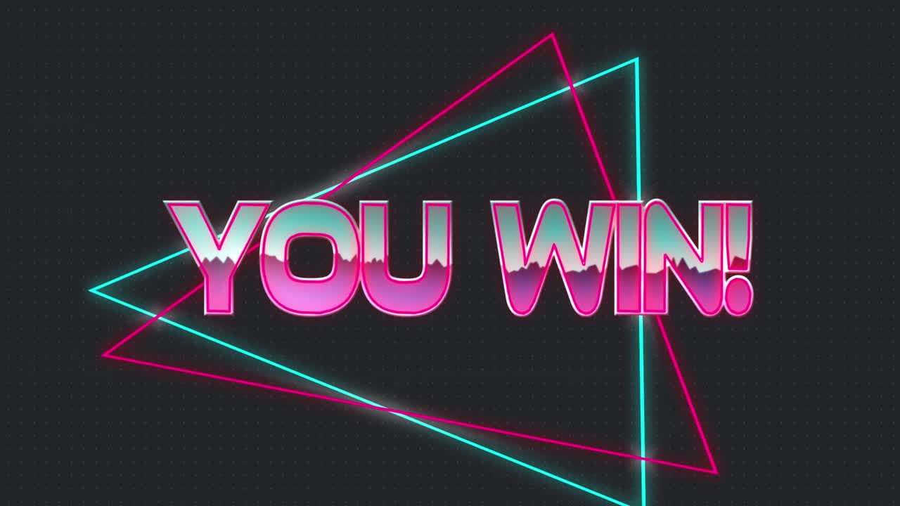 검은 바탕에 스 ⁇  스캐닝에 대한 네온 기하학적 모양에 텍스트를 이기는 디지털 애니메이션