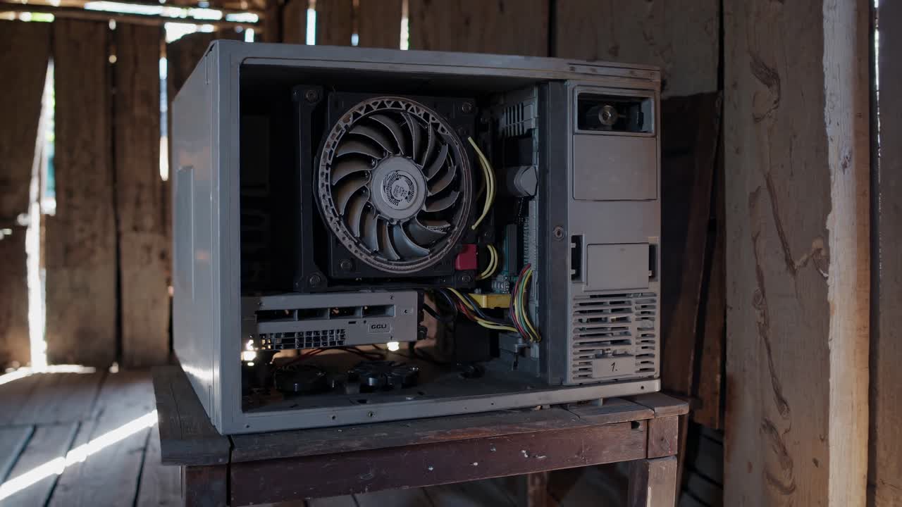 componentes informáticos abiertos dentro de una estructura de madera desgastada, revelando una intrincada configuración de hardware para operaciones de minería de criptomonedas con electrónica polvorienta y antigua.