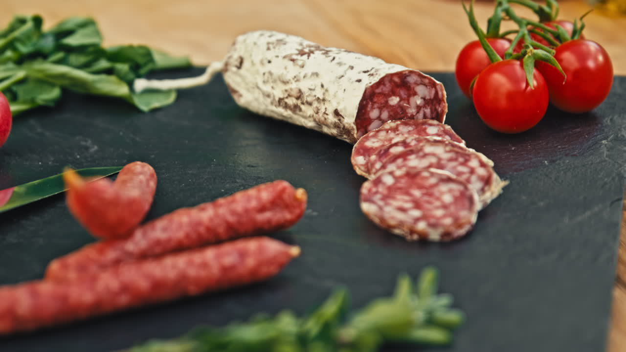 Close shot of a charming garden table showcasing a delicious spread of sliced italian salami with decorations. Perfect for food-related marketing campaigns and enticing culinary promotions