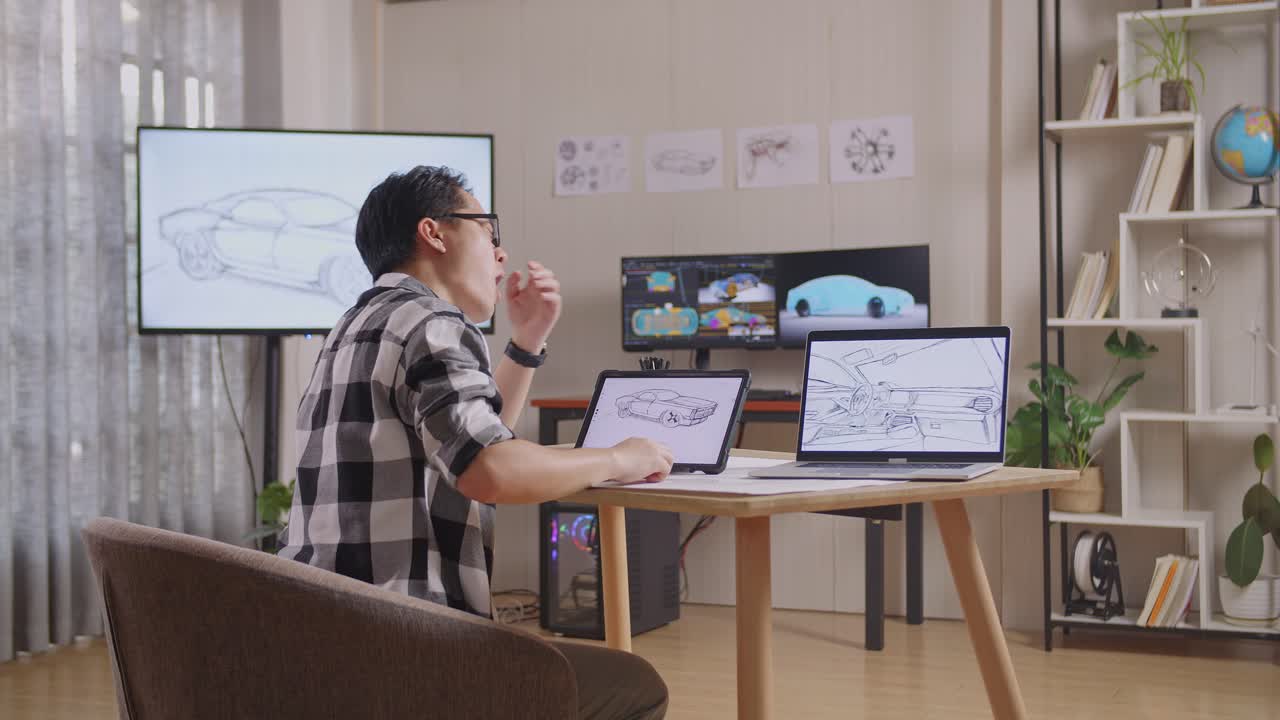 tv와 컴퓨터 디스플레이 3d 전기 자동차 모델을 가진 스튜디오에서 태블릿에 새로운 자동차 디자인 개념을 그리는 동안 고 잠자는 아시아 남성의 측면 뷰
