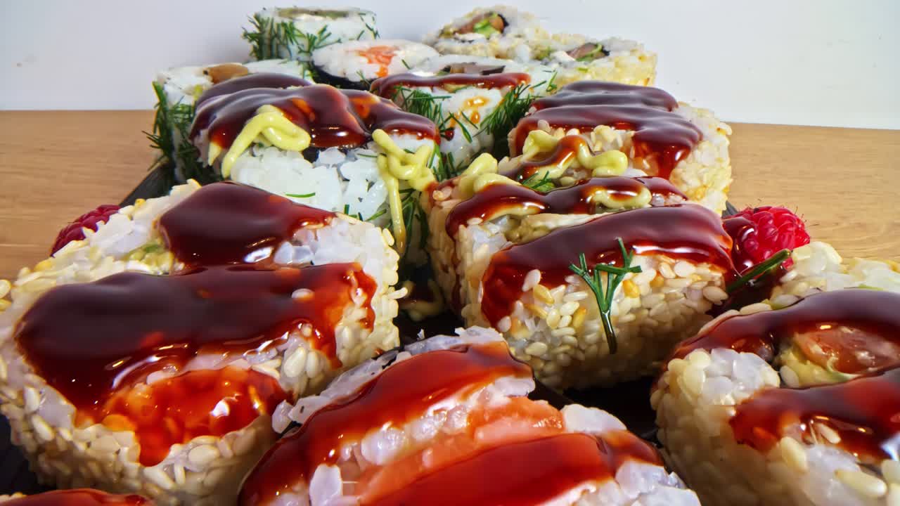 Rollos de sushi fresco cubiertos con salsa brillante, semillas de sésamo y hierbas sobre una tabla de madera.