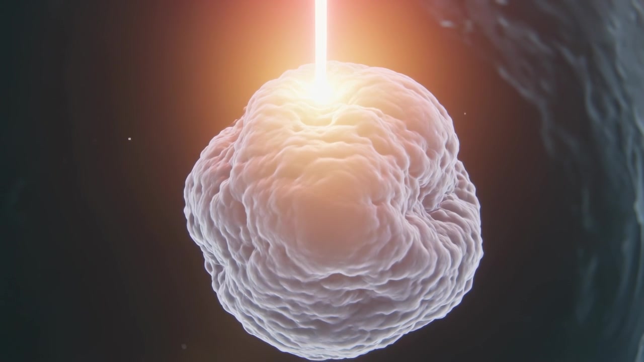 Striking red beam hitting center lobed cell in dark cavity heating, rupturing and ejecting shard