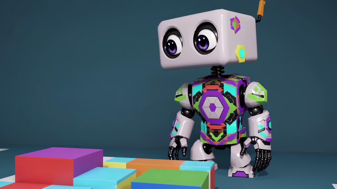 un robot colorido y lindo jugando con bloques.