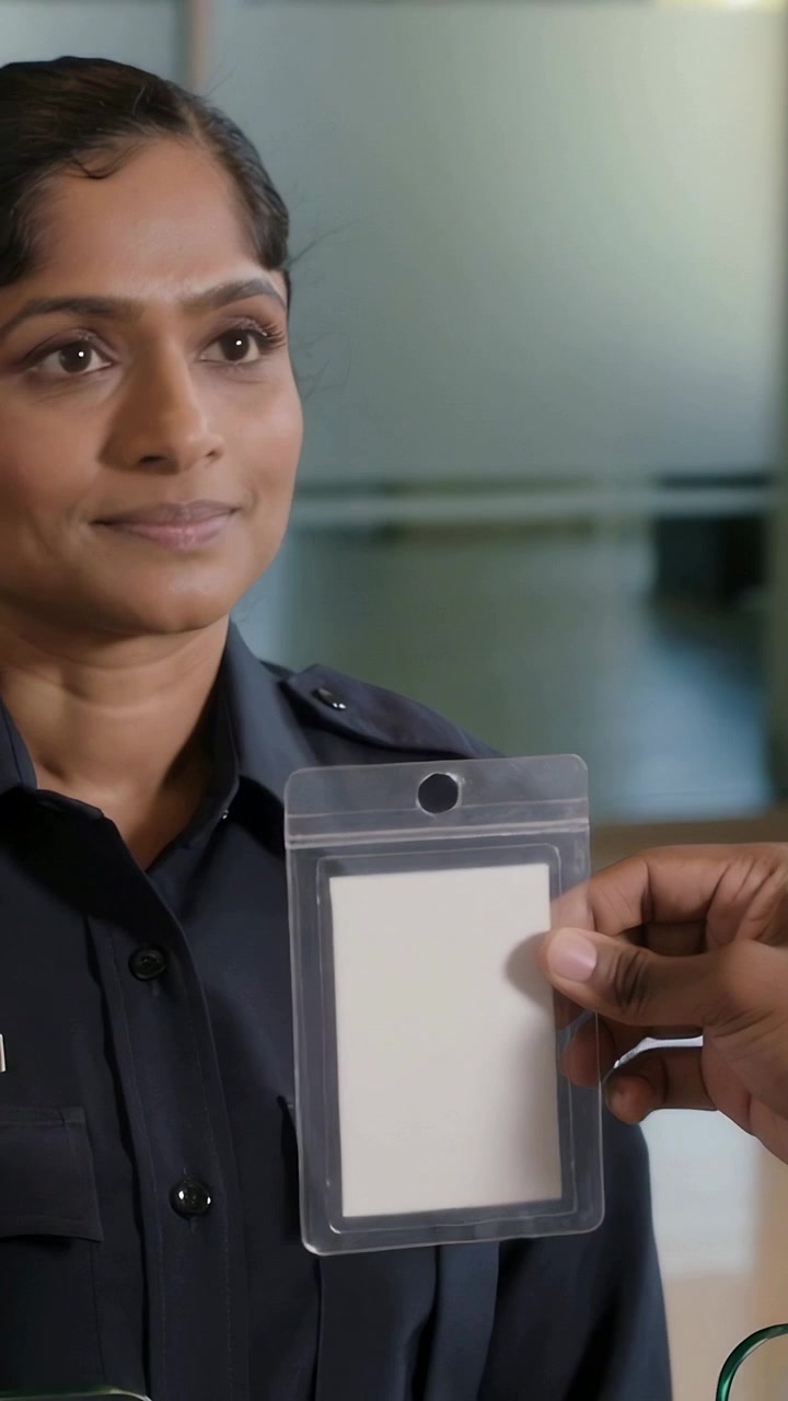 Video verticale: Reagendo a una mano che mostra un documento d'identità, un agente di polizia in uniforme controlla il documento al banco per l'identificazione