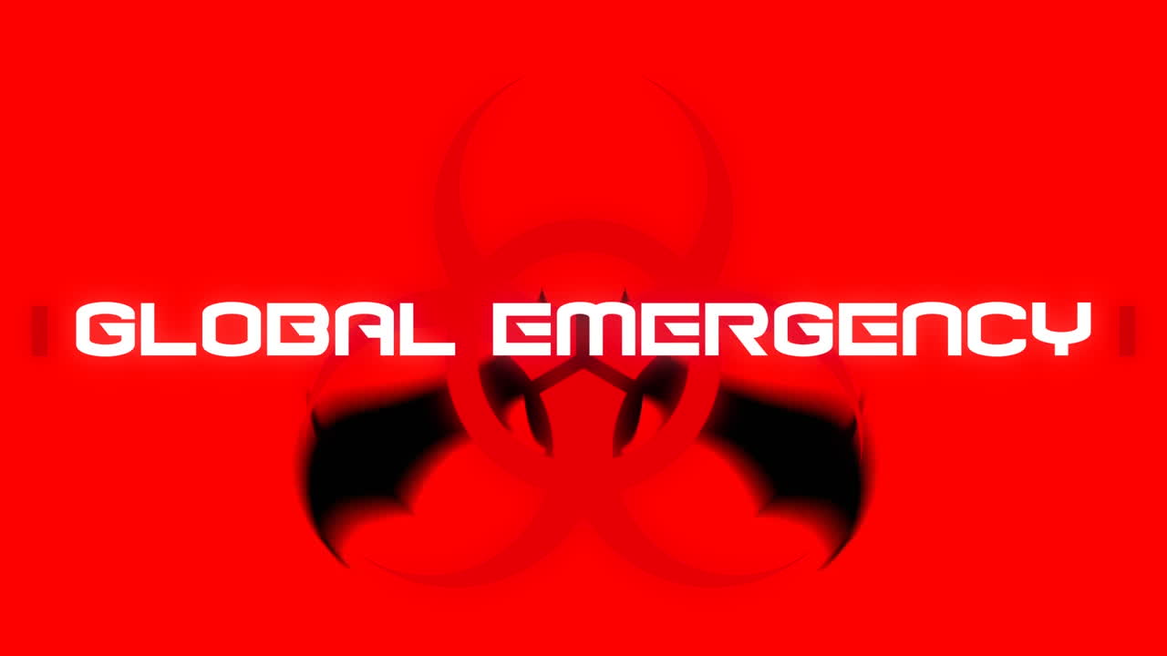animación del texto de advertencia de emergencia global, sobre el símbolo de peligro biológico rojo y el murciélago, en rojo