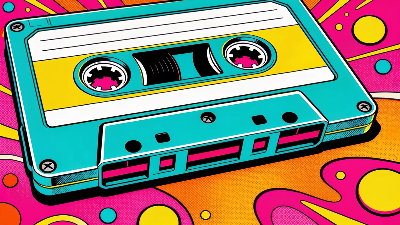 Fotogrammi che mostrano una cassetta turchese retrò mentre il timer avanza di secondo in secondo, con uno sfondo pop-art.