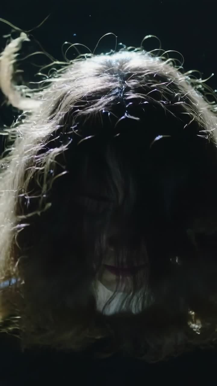 Video verticale: Donna che si inclina con un top scuro che si muove i capelli a ventaglio, controluce da studio con particelle.