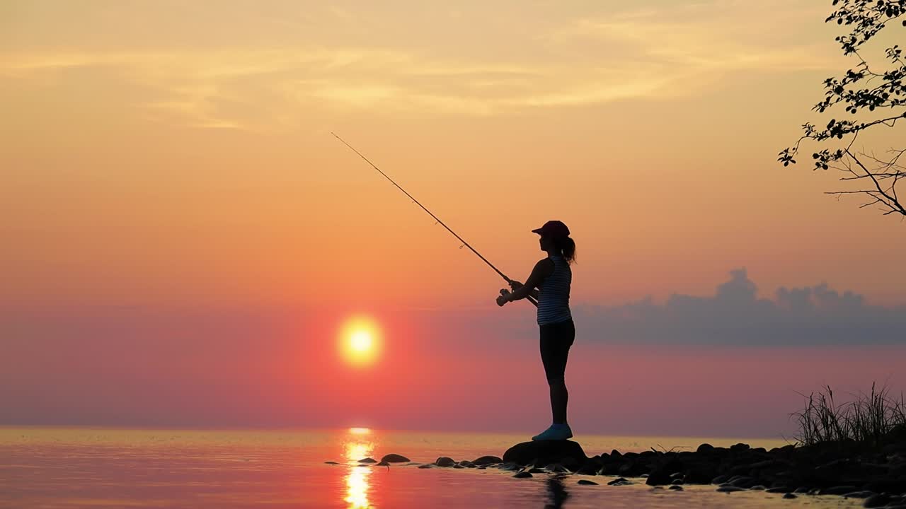 Wanita memancing dengan joran pancing berputar dengan latar belakang matahari terbenam.