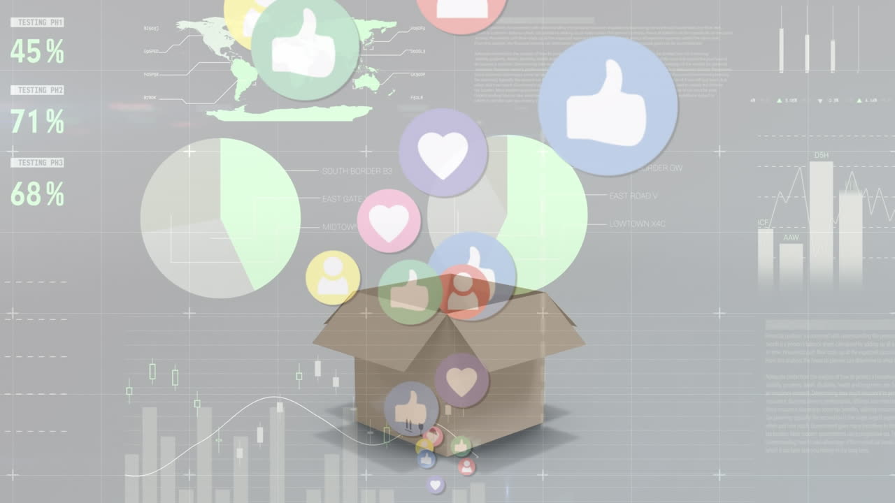 아이콘의 애니메이션과 금융 데이터 처리가 상자 위에