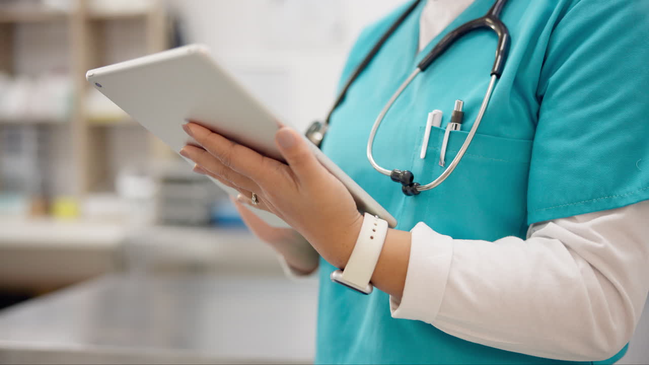 Hands, nurse and woman with tablet for research