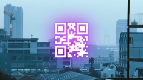 Animación-De-Código-QR-Y-Procesamiento-De-Datos-Sobre-El-Paisaje-Urbano.