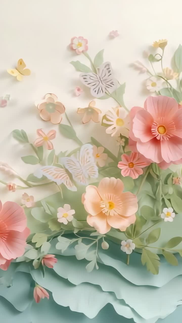 Vertical video: Camera panning paper bloom up on cream wall showing layered detail and butterfly