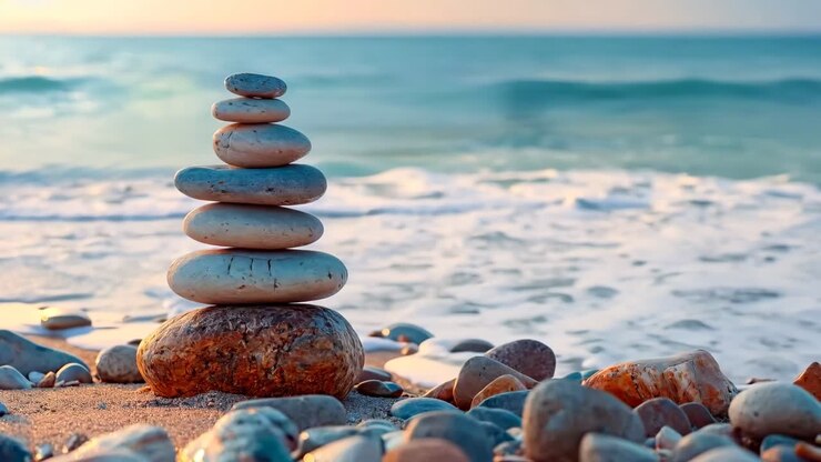 Une pile de rochers sur une plage avec l'océan en arrière-plan