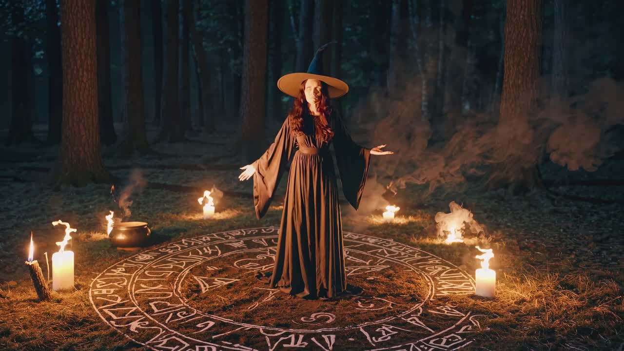 Seorang penyihir di hutan gelap berdiri di dalam lingkaran ritual dengan lilin, diambil dari sudut rendah