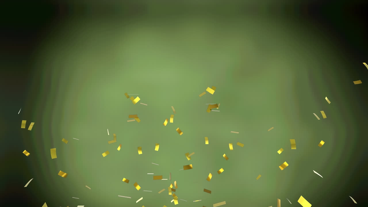Animation of gold confetti falling on green background