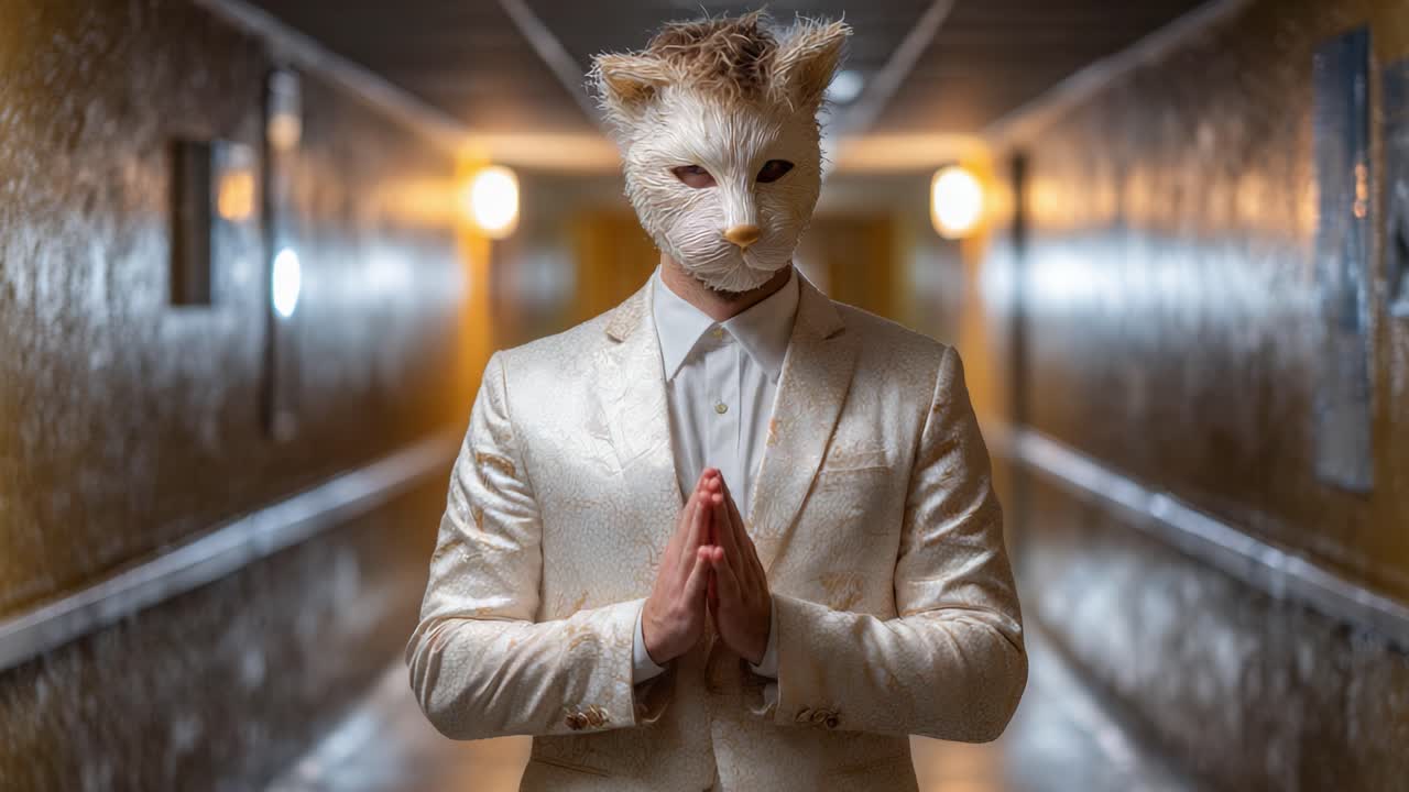 A Mysterious Figure in a Glittering Suit and Animal Mask Pauses in a Dimly Lit Corridor, Exuding an Intriguing Aura of Enigma and Elegance