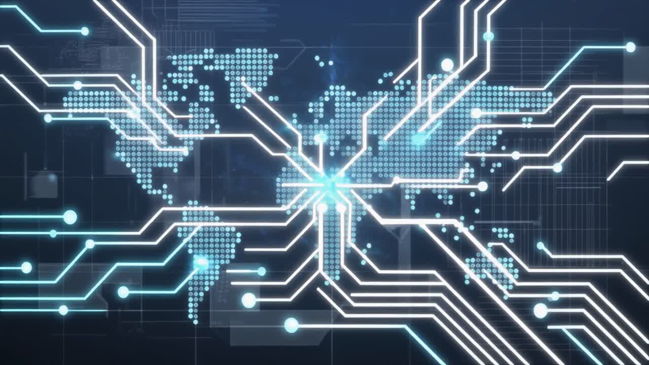 Digital World Map with Glowing Circuit Board Connections