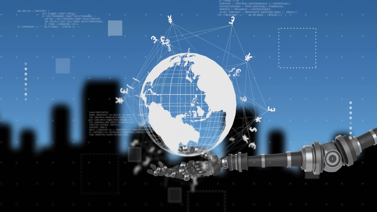 통화 기호와 네트워크 연결을 가진 디지털 글로브를 들고, 로 손