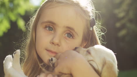 close-up view of a caucasian little girl holding a small labrador puppy while looking at camera in the park on a summer day