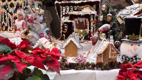 christmas decorations arrangement, christmas traditions with mrs. claus, gingerbread houses, candies, toys, christmas tree.