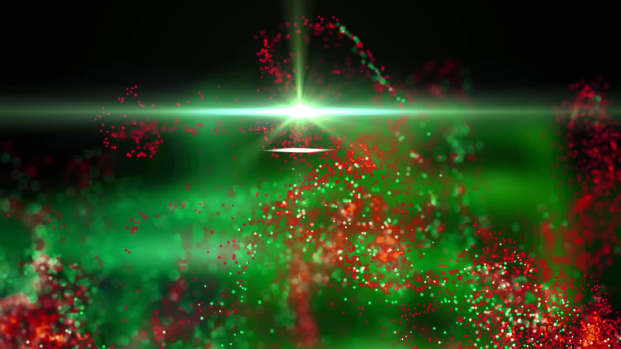 검은 바탕에 녹색 빛으로 움직이는 초록색과 빨간색 입자의 애니메이션