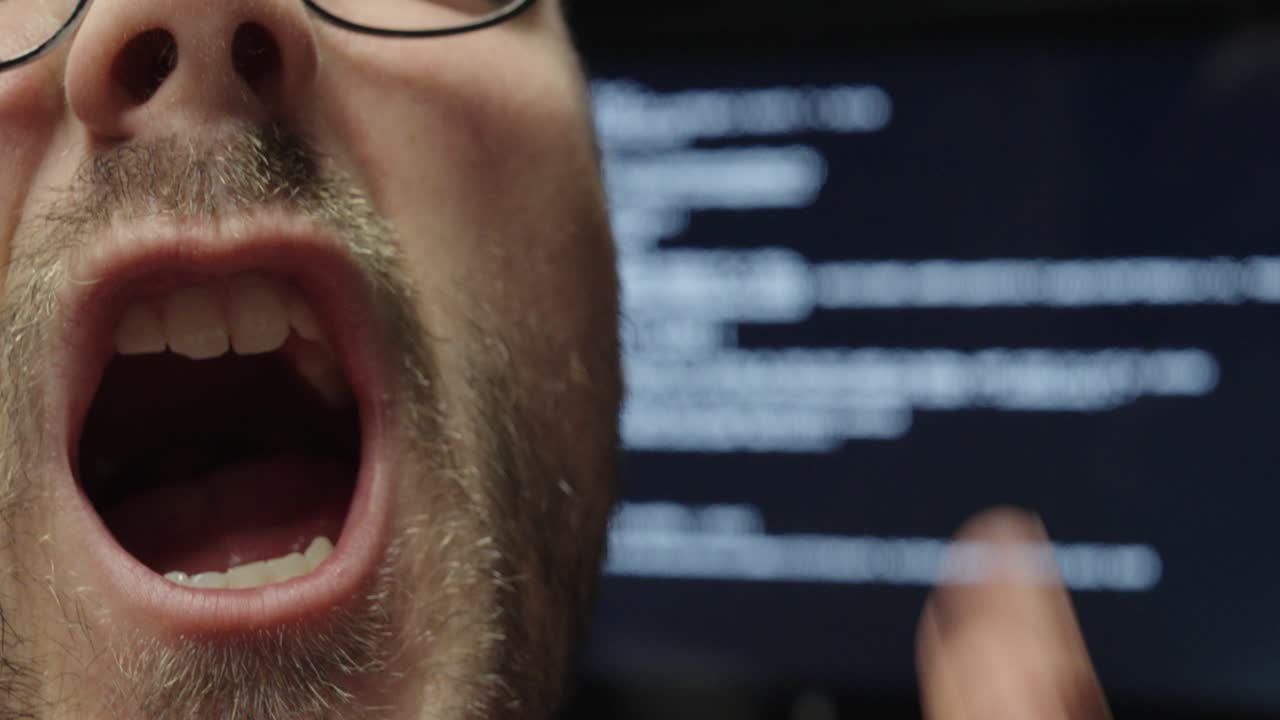 A man screaming in fear, with an AI agent looming in the background